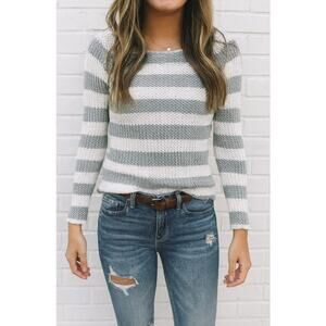Hanna Andersson Women’s XS Gray White Cotton Crochet Striped Sweater